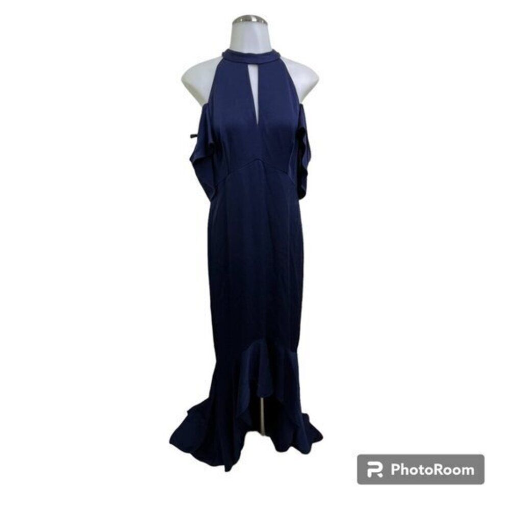 Shoshanna Midnight Montrose 6 Blue Dress Hi Low Navy High Neck Off Shoulder Maxi - Picture 2 of 14
